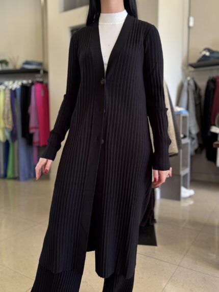 Cardigan lungo in maglia plisse nera Twinset